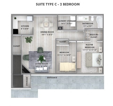 Floor plan for 2 beds, 1 bath, 930 sqft